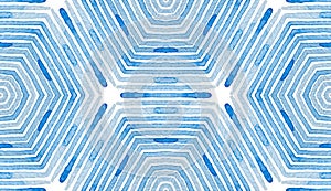 Blue Geometric Watercolor. Admirable Seamless Pattern. Hand Drawn Stripes. Brush Texture. Mesmeric C photo