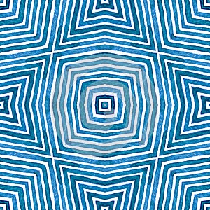 Blue Geometric Watercolor. Cute Seamless Pattern. Hand Drawn Stripes. Brush Texture. Pleasing Chevro