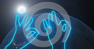 Blue gesture okay, ok. Neon glowing outlines of hands show a symbol of approval against the backdrop of space, rotating