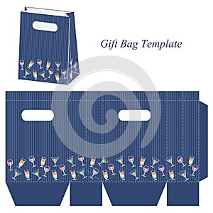 Blue gift bag template with cocktail, wine and juice