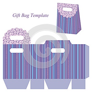 Blue gift bag template with stripes and dots