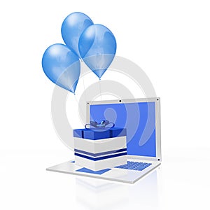 Blue Gift and Balloons on White Laptop