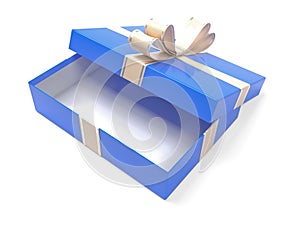 Blue gift box decorated with shiny ribbon