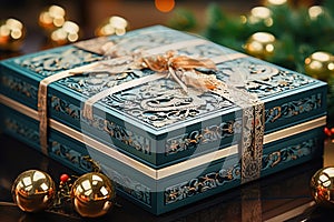 Blue gift box with a dragon image.