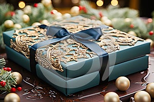 Blue gift box with a dragon image.