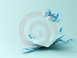 Blue gift box open or blank present box with blue ribbon and bow on light blue background