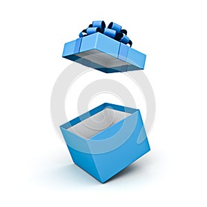 Blue gift box or open present box with blue ribbon and bow isolated on white background with shadow minimal concept 3D rendering