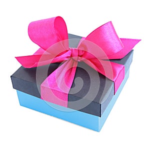 Blue gift box with pink satin ribbon bow