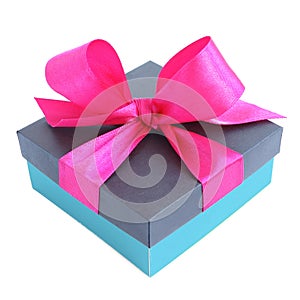 Blue gift box with pink satin ribbon bow