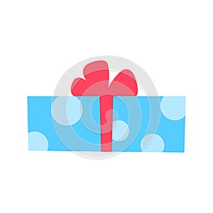 Blue gift box with red bow flat icon.