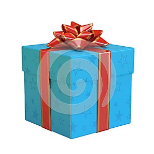 Blue gift box with red bow and ribbon, blue present 3d rendering