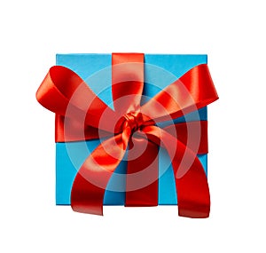 Blue gift box with red bow and ribbon on white background