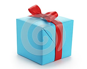 Blue gift box with red ribbon bow isolated on white