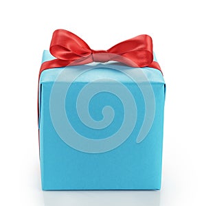 Blue gift box with red ribbon bow isolated on white