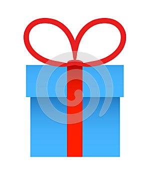 Blue Gift Box With Red Ribbon Bow. Vector Illustration