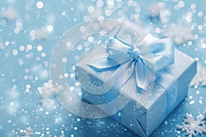 blue gift box with ribbon on a light blue background with a bokeh