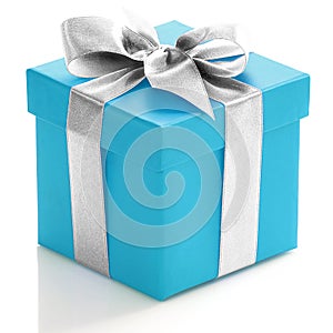 Blue gift box with silver ribbon