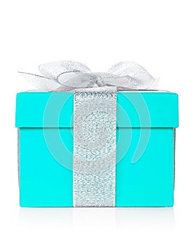 Blue gift box with silver ribbon and bow