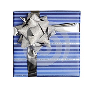 Blue gift box with silver ribbon isolated on white background