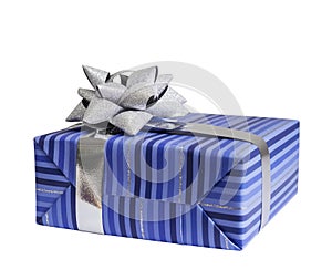 Blue gift box with silver ribbon isolated on white background