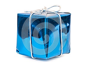 Blue gift box with silver ribbon