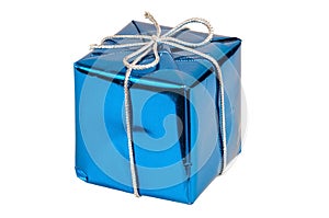 Blue gift box with silver ribbon