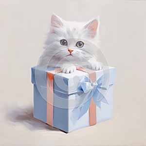 Blue gift, box and a small cat on them. Gifts as a day symbol of present and