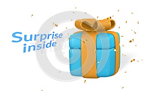 Blue gift box with yellow bow and confetti on white background. Surprise inside. Vector Illustration