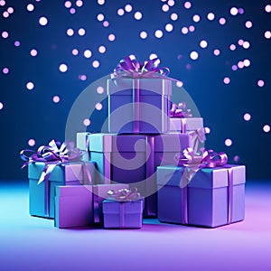 Blue gift mountain with purple bows, blue bokech effect. Gifts as a day symbol of present and