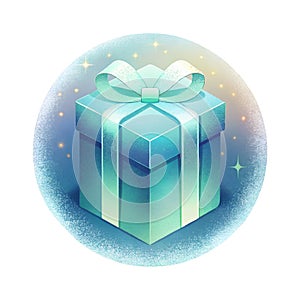 Blue gift New Years Christmas , box with bow and ribbon, on round snowy background, in grain style, isolated on white