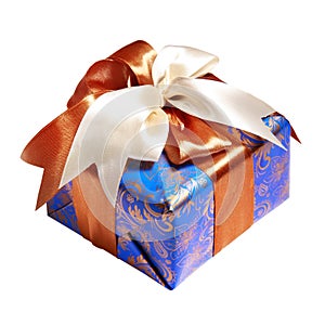 Blue gift packing tied by ribbon