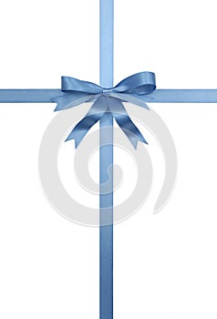 Blue bow, gift ribbon, vertical, isolated on white background