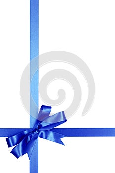 Blue gift ribbon bow vertical isolated on white background