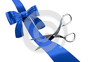 Blue gift ribbon with scissors cutting it