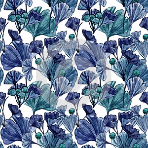 Blue gingko biloba watercolor seamless pattern design