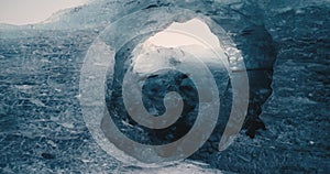 Blue Glacial Ice Close-up in Iceland in winter