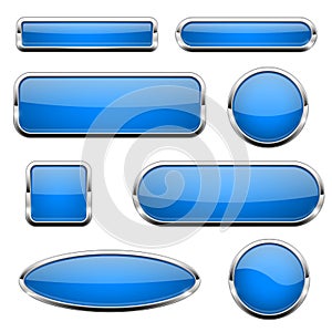 Blue glass 3d buttons. With chrome frame. Set of web icons