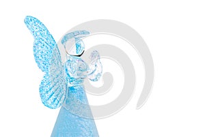 Blue glass angel praying isolated on white background