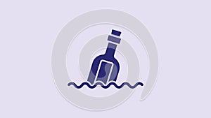 Blue Glass bottle with a message in water icon isolated on purple background. Letter in the bottle. Pirates symbol. 4K