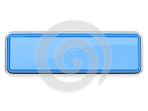 Blue glass button. Square push button with metal frame. 3d rendering illustration isolated