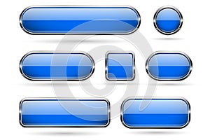 Blue glass buttons with chrome frame. 3d icons