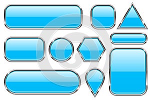 Blue glass buttons with chrome frame. Colored set of shiny 3d web icons