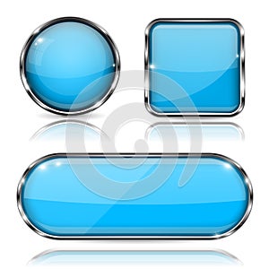 Blue glass buttons with chrome frame. Set of shiny 3d web icons