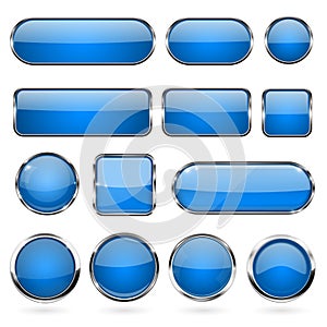 Blue glass buttons with metal frame. Collection of 3d icons