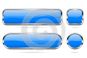 Blue glass buttons. Set of 3d shiny icons with chrome frame