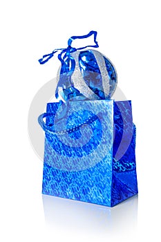 Blue glass Christmas ball on the package