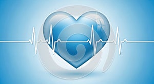 Blue glass heart with ekg line on gradient background