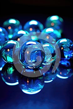 blue glass marbles reflecting light