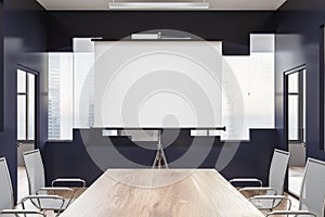 Blue and glass meeting room interior with poster