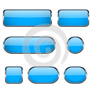 Blue glass oval, round, square buttons with chrome frame. 3d icons